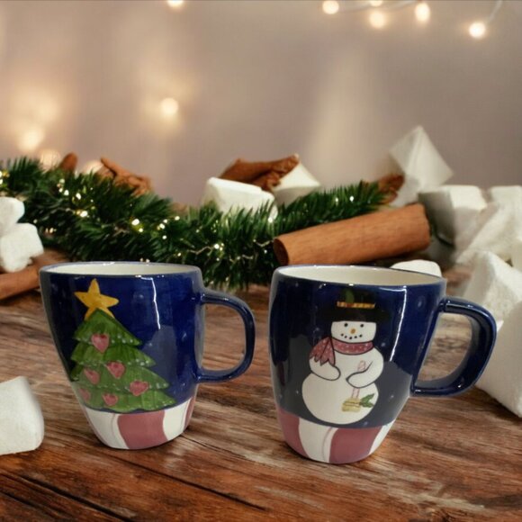 LAURIE GATES -- "Christmas Twilight," Mugs, Set-2, Tree & Snowman, Vintage 1999 - Picture 1 of 5